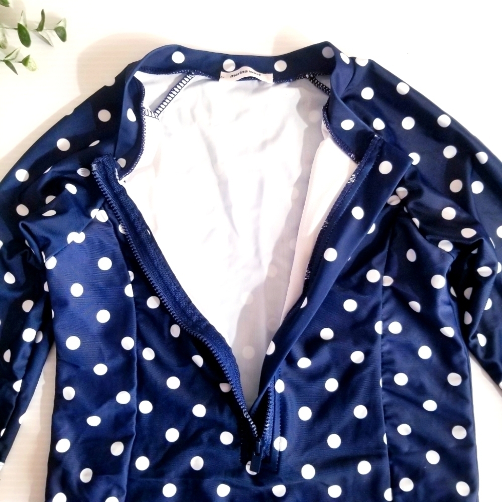 MARINA WEST Girls Kids Navy White Polka Dot Rashguard Zip Style Swim One piece - Picture 5 of 9